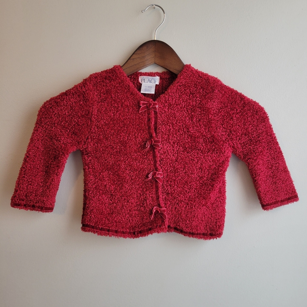Baby Girls Children's Place Ruby Red Fuzzy Velvet Bow Snap Cardigan, 12M